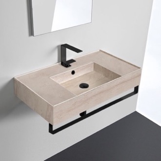Bathroom Sink Beige Travertine Design Ceramic Wall Mounted Sink With Matte Black Towel Bar Scarabeo 5123-E-TB-BLK